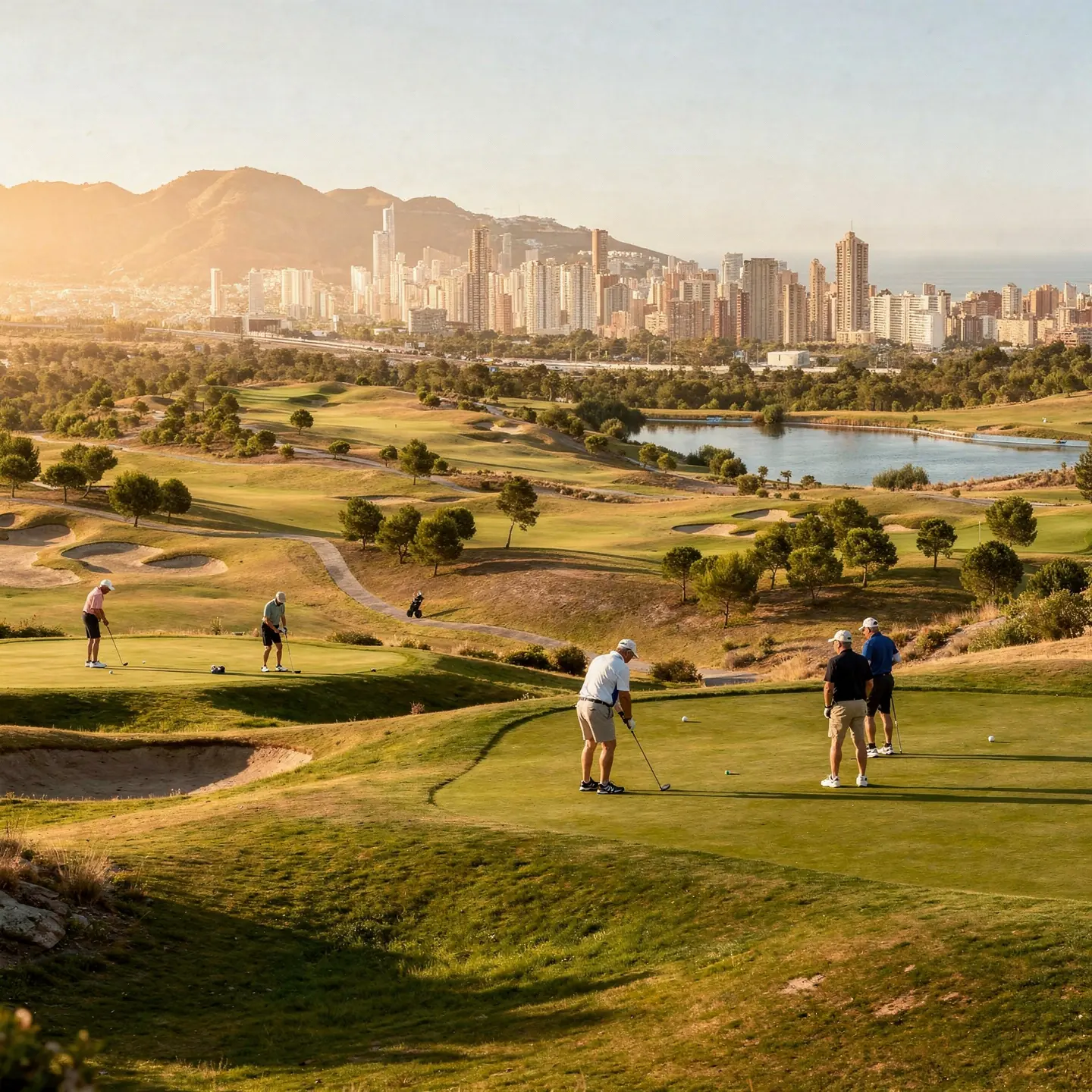 Golfers op een glooiende golfbaan bij Villaitana met de skyline van Benidorm en de bergen op de achtergrond