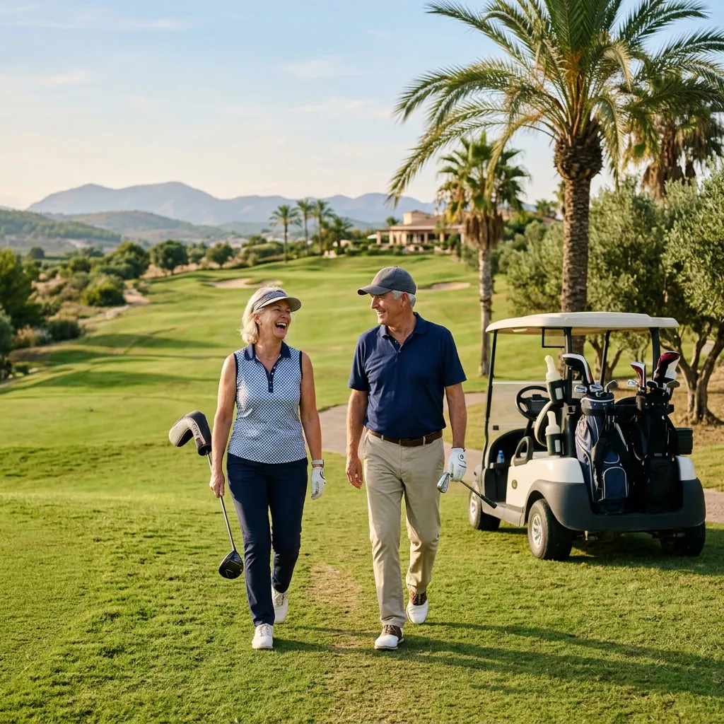 Sfeerbeeld: twee golfers lopen over de fairway met palmen en bergen op de achtergrond