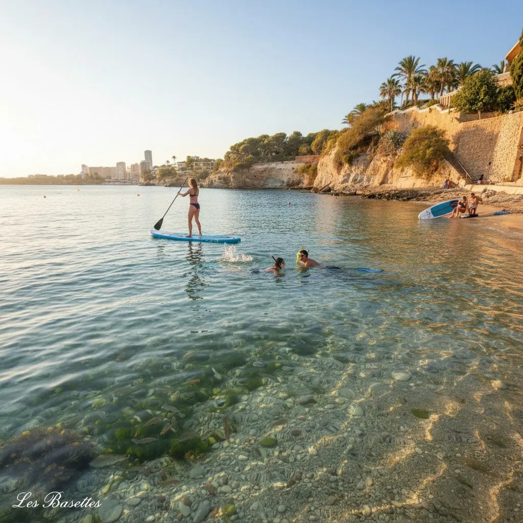 Suppers en zwemmers in het heldere water van Les Basetes aan de Costa Blanca