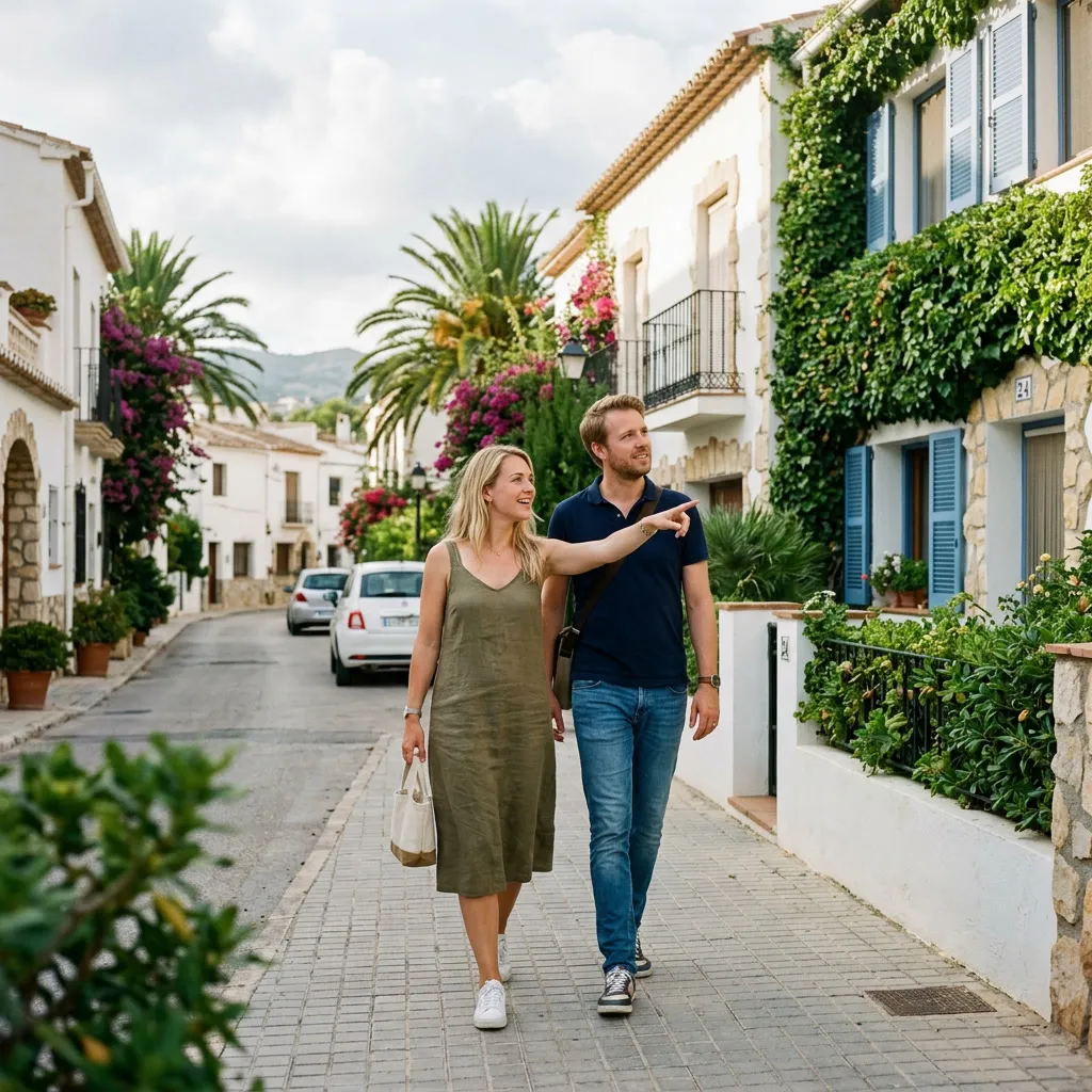 Stel wandelt door een wit straatje aan de Costa Blanca