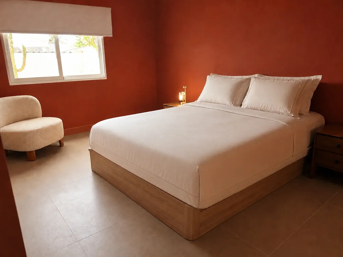 Master bedroom met warmrode wand en tweepersoonsbed