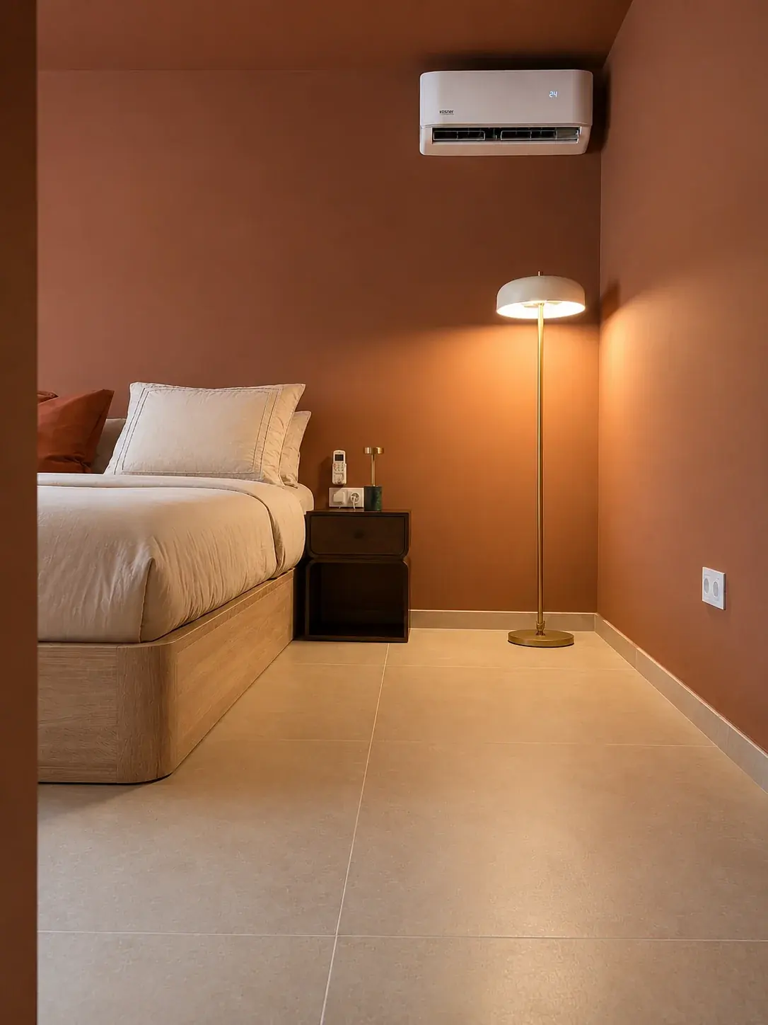 Tweepersoonsbed met nachtkastje, staande lamp en airco in de hoofdslaapkamer