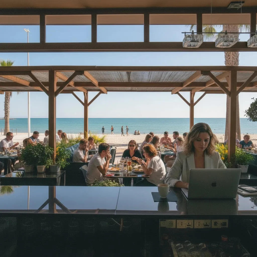 Sfeerbeeld: werken op de laptop in een strandtent met uitzicht op zee